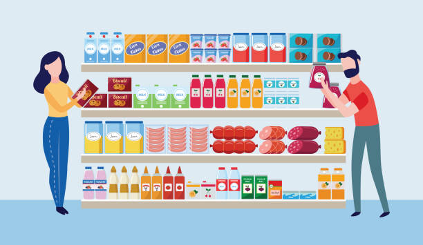 Supermarket store interior with goods and buyers the flat vector illustration. Supermarket store interior with goods and buyers characters the flat cartoon vector illustration. Big shopping mall grocery shelves with drinks, food and dairy products. supermarket aisles vector stock illustrations
