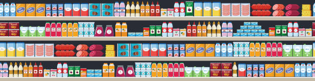 istock Grocery items on the store shelves vector flat seamless background illustration. 1192464165