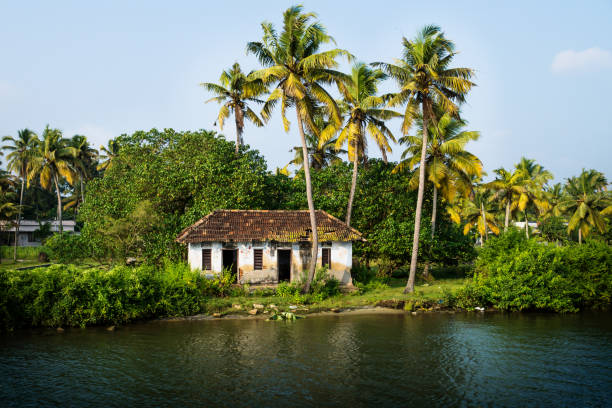 Abandoned house front view in the Kerala backwater with palm trees at Kollam Kottapuram Waterway, Kerala, India