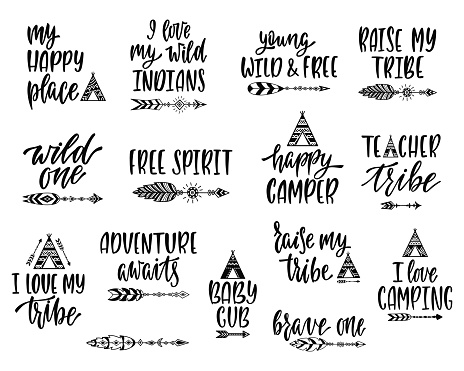 Tribal inspirational quotes bundle. Hand drawn lettering phrases in indian style about adventure, travel. Kid room interior posters. Vector illustrations isolated on white background.
