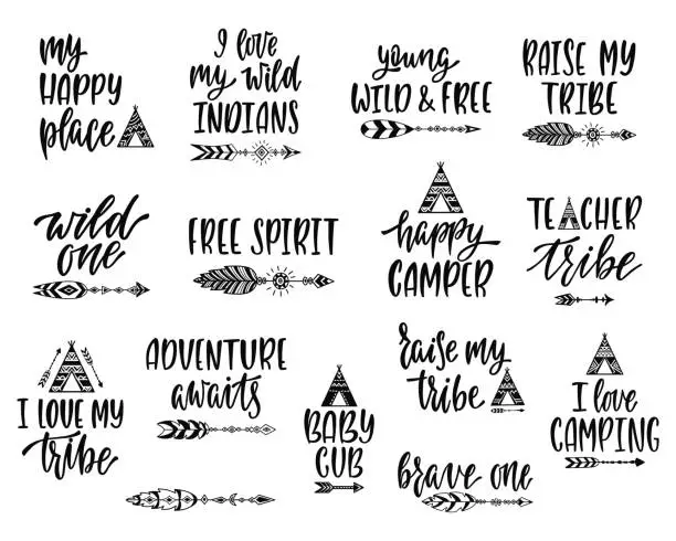 Vector illustration of Tribal inspirational quotes bundle. Hand drawn lettering phrases in indian style about adventure, travel.