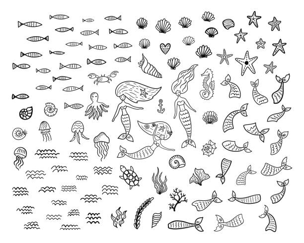 Set of underwater doodle elements. Set of underwater doodle elements: mermaids, seashells, starfishes, fishes, tails, jellyfishes, turtle, octopus, seahorse, seaweed. Hand drawn sketch marine cartoon characters. Vector illustration. fish clip art black and white stock illustrations