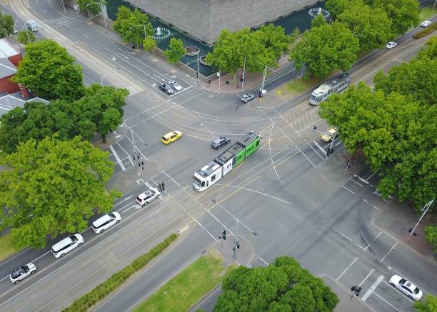 istock Aerial view - tram crossing 1192472706