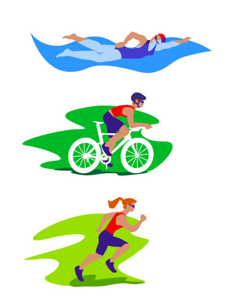 ilustraciones, imágenes clip art, dibujos animados e iconos de stock de triatlón - silhouette swimming action adult