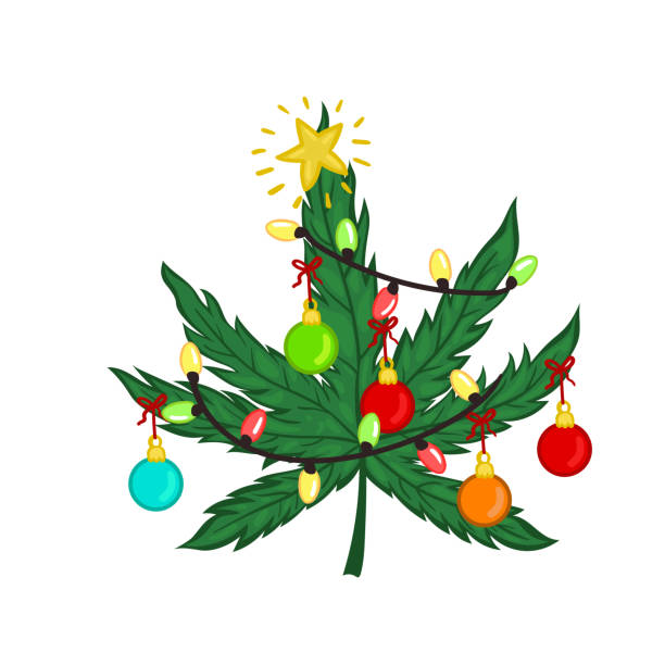 illustrazioni stock, clip art, cartoni animati e icone di tendenza di marijuana natalizia decorata con giocattoli natalizi isolati su sfondo bianco. grafica vettoriale. - santa claus christmas cartoon traditional culture