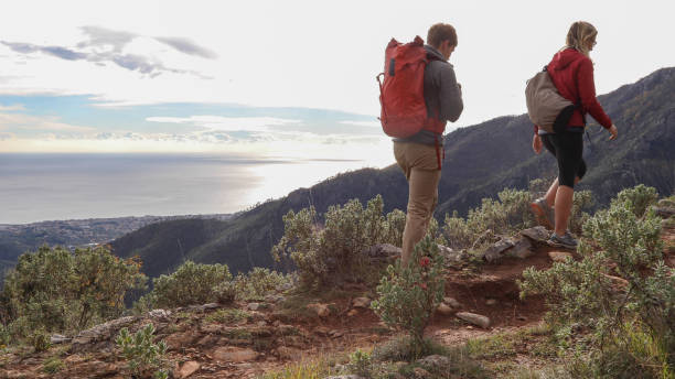 istock Siblings hike along footpath on mountain ridge 1192479863