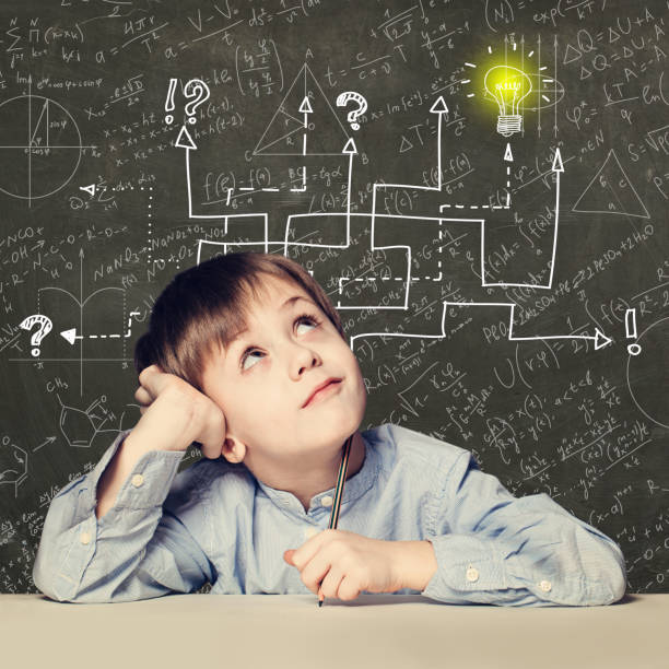 istock Thinking child boy with question signs and light idea bulb, education concept with math formula 1192481206