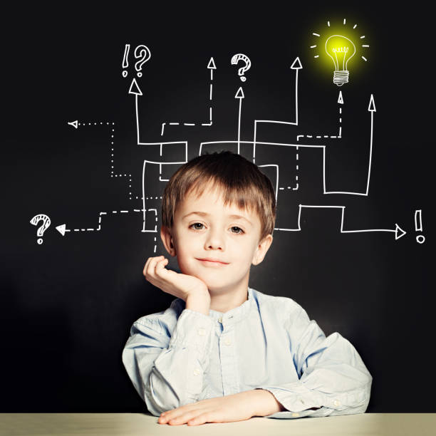 istock Boy with question signs and light idea bulb 1192481209