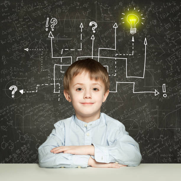 istock School boy with question signs and light idea bulb, education concept 1192481219
