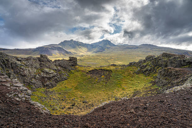 Looking from Saxholl volcano to Snaefellsjokull volcano, Snaefellsness peninsula, western Iceland