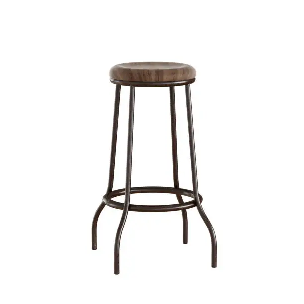 Photo of High bar stool with wood seat and metal legs on an isolated background. 3d rendering