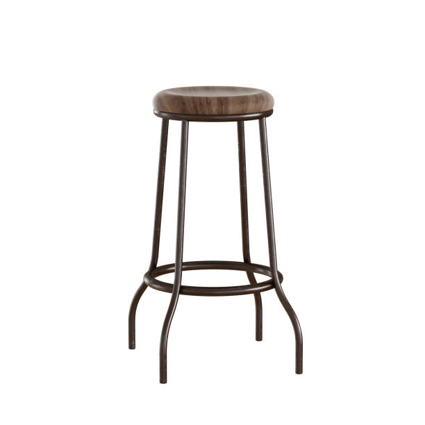 high bar stool with wood seat and metal legs on an isolated background. 3d rendering - bar chairs imagens e fotografias de stock