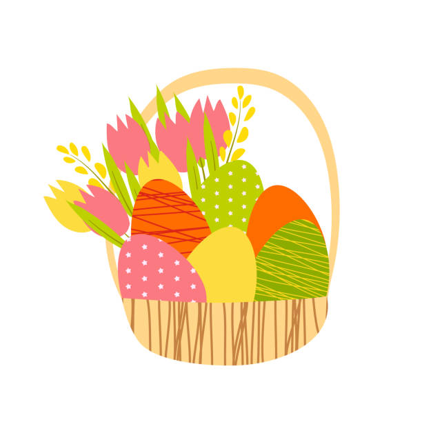 ilustrações, clipart, desenhos animados e ícones de ilustração de uma cesta com ovos cor-de-rosa verdes amarelos alaranjados de easter com um ramalhete de tulips amarelos cor-de-rosa - poppy single flower red white background