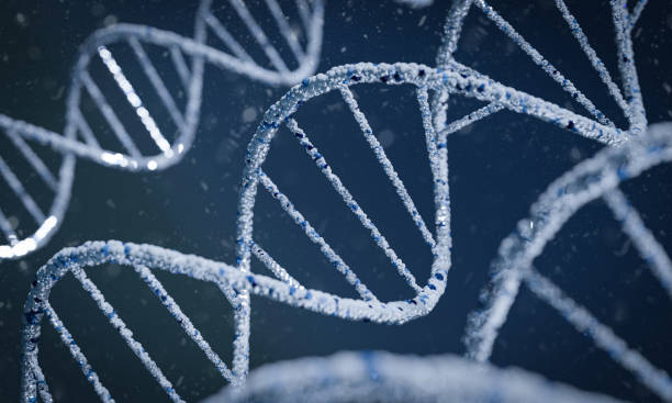 istock DNA molecule spiral structures on abstract dark blue background. Biology, science and medical technology concept. 3D illustration and rendering 1192485495