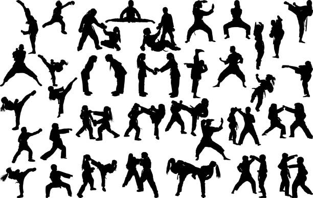 karate silhouettes set A large set of silhouettes of children of girls practicing karate in different stances during the strike and blocks kicking illustrations stock illustrations