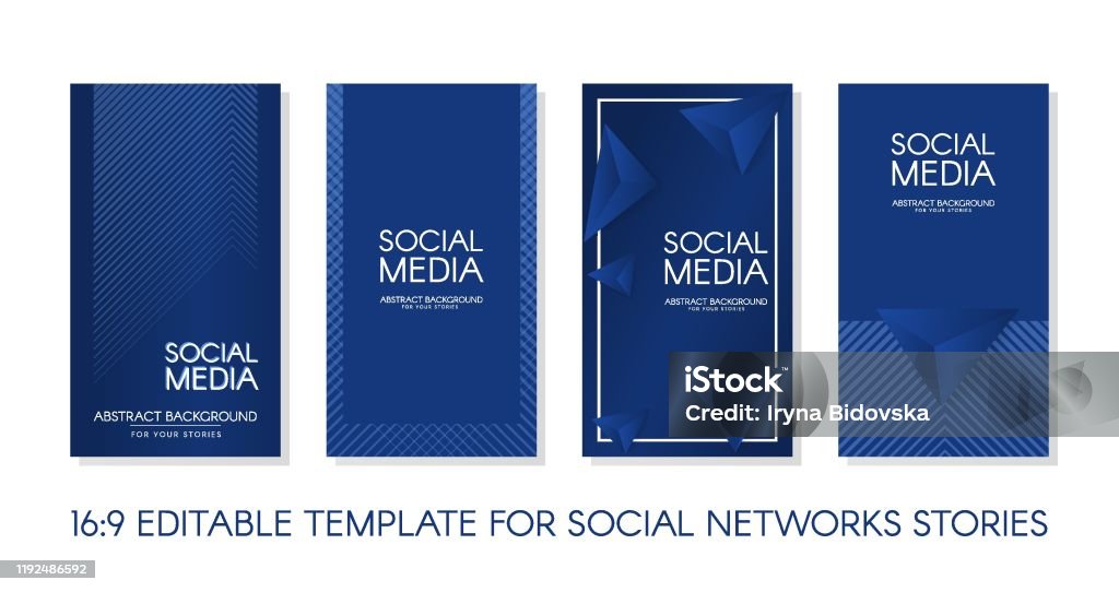 Editable Stories vector template pack 16:9. Classic blue design backgrounds for social media. Banner background, website, mobile app, poster, flyer, coupon, gift card, smartphone template, web design Social Media stock vector