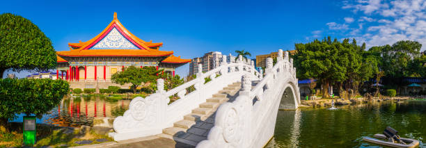 Ornate marble bridge reflecting in the tranquil waters of a pond in Liberty Square in the heart of Taipei, Taiwan’s vibrant capital city.
