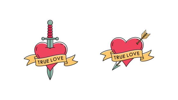 ilustrações de stock, clip art, desenhos animados e ícones de vector illustration of a heart with an arrow and a dagger, a ribbon with text on a white background. - tattoo