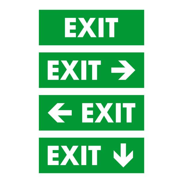 illustrazioni stock, clip art, cartoni animati e icone di tendenza di exit sign vector logo template illustration design. vettore eps 10. - direction arrow sign road sign escape