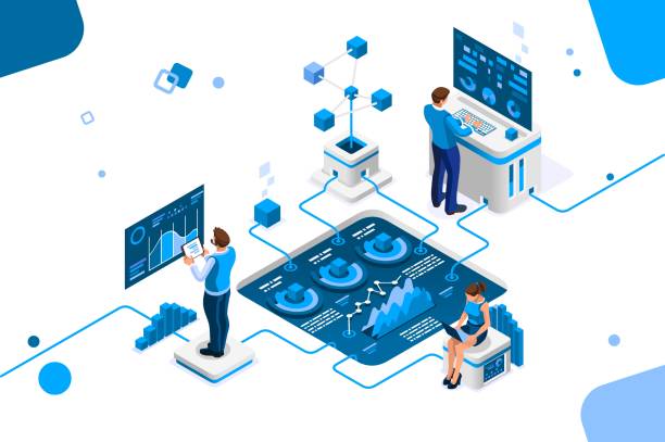 Creative Statistics Graph Banner Color analyzing, creative statistics for success on calendar chart. Man near graphs, solution for collection on database. Display of strategy, visualization on desktop. Flat style vector illustration isometric projection stock illustrations