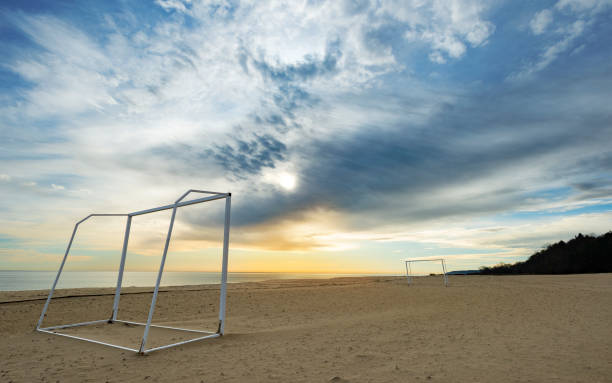 Empty beach football goal at Kamchia resort near Varna town, Bulgaria. Balkans, Europe.
