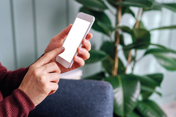 istock Woman holding and touching blank screen template smart phone. Smart phone screen is empty with clipping path. 1192491641