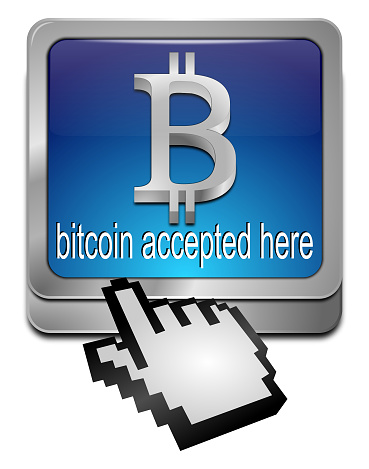 blue bitcoin accepted here button with cursor - 3D illustration