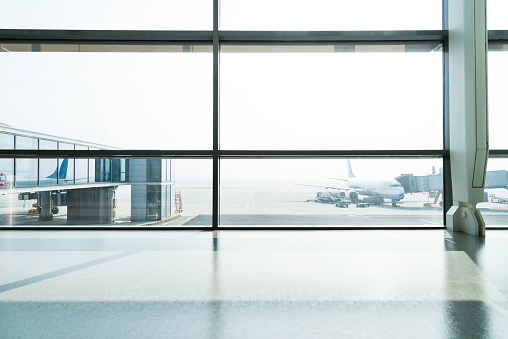 Empty hallway in nanjing airport terminal, China.