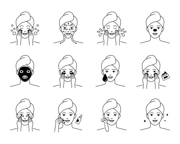 illustrations, cliparts, dessins animés et icônes de ensemble quotidien d'icônes de routines de soins de la peau - exfoliation