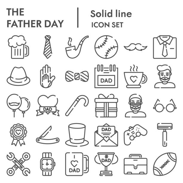 Fathers day line icon set, mens accessories and gifts symbols collection, vector sketches, logo illustrations, male stuff signs linear pictograms package isolated on white background, eps 10. Fathers day line icon set, mens accessories and gifts symbols collection, vector sketches, logo illustrations, male stuff signs linear pictograms package isolated on white background, eps 10 father stock illustrations