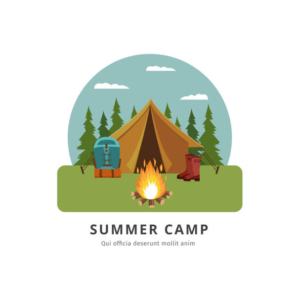 ilustraciones, imágenes clip art, dibujos animados e iconos de stock de campamento de verano - sitio de aventura de viaje con tienda amarilla junto a la hoguera y el equipo turístico. - outdoors tent tourism animals in the wild