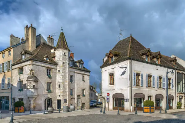 Street with historical houses in Beaune downtown, France