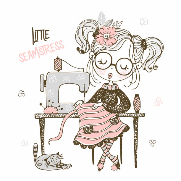 ilustrações de stock, clip art, desenhos animados e ícones de cute girl seamstress sews on a sewing machine dress. doodle style. vector - thread tailor art sewing