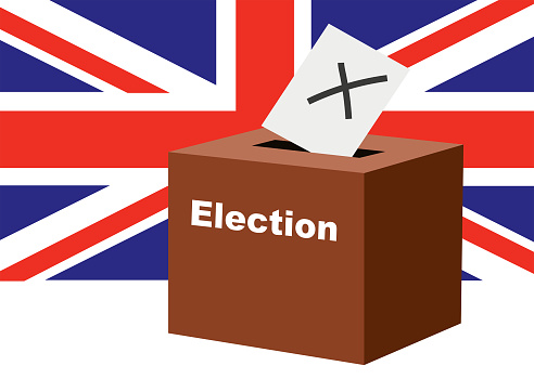 Illustration of crossed envelope put in a ballot box with the text Election in foreground and a big United Kingdom flag in background. England vote and Brexit concept.