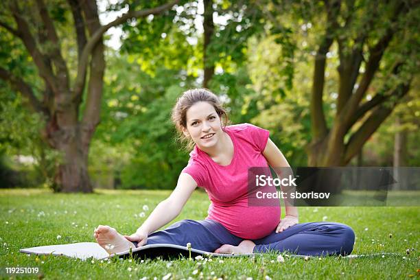 임신한 여성 Park 갈색 머리에 대한 스톡 사진 및 기타 이미지 - 갈색 머리, 건강한 생활방식, 공원