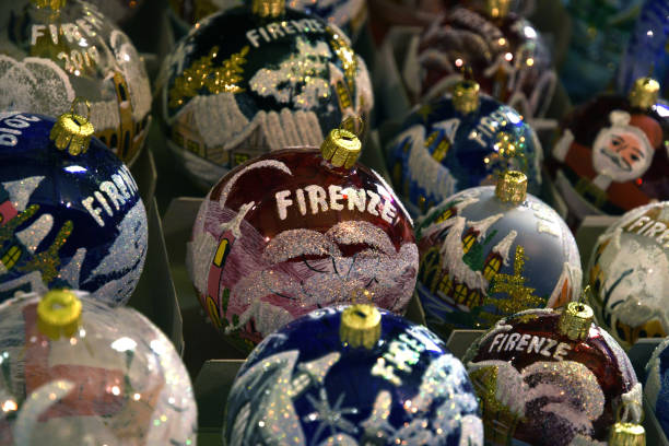 Christmas decorations at Christmas market in Piazza Santa Croce in the centre of Florence City. Italy stock photo