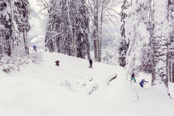 istock skiers and snowboarders descend down the mountain 1192511356