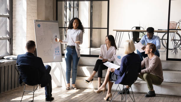 istock Young african ethnicity trainer presenting research results. 1192516647