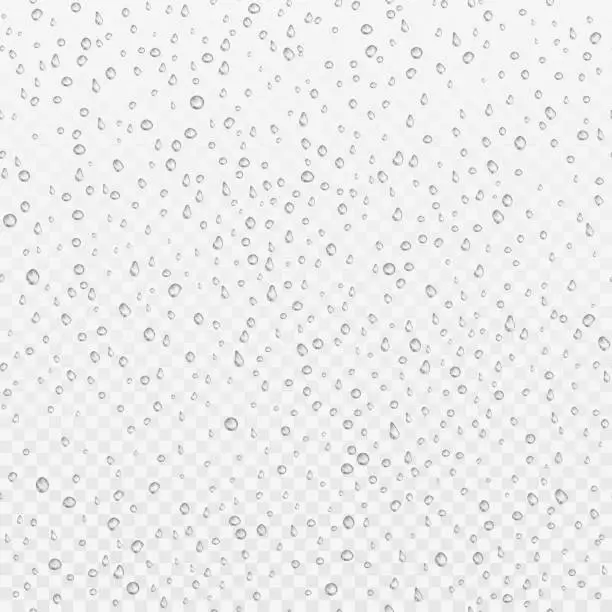 Vector illustration of Seamless texture of Drops. Liquid clear droplet. Dew on glass surface. Realistic aqua pattern. vector illustration