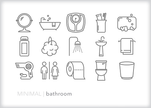 Home bathroom line icons for personal hygiene and grooming including taking a bath or shower, putting on makeup or going to the bathroom