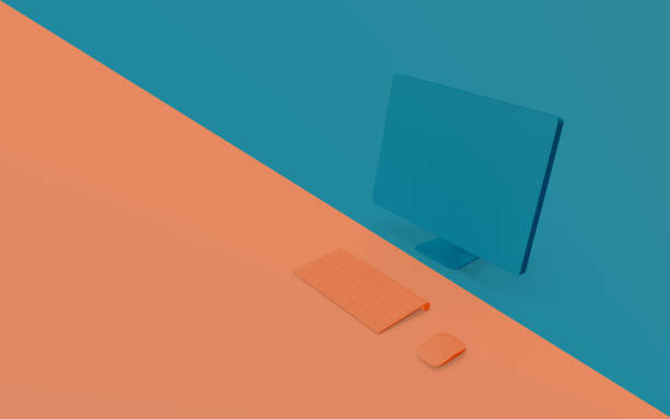 Modern Computer in abstract pastel coral and blue color paint with pastel. Creative concept composition with copy space. 3D rendering.