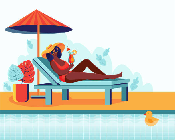 A young woman is relaxing in a sun lounger by the pool. Woman drinks cocktail. Summer vacation, pool party concept. Vector illustration. Summertime poster. Horizontal template with space for text. Spa A young woman is relaxing in a sun lounger by the pool. Woman drinks cocktail. Summer vacation, pool party concept. Vector illustration. Summertime poster. Horizontal template with space for text. Spa chaise longue woman stock illustrations