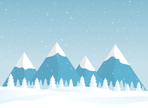 Winter snowy landscape card design. Mountains with pine tree forest. Vector illustration. EPS10