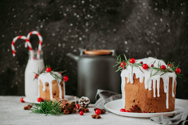 pastel de navidad tradicional con arándano, leche caliente, conos de pino, canela - tarta de navidad fotografías e imágenes de stock