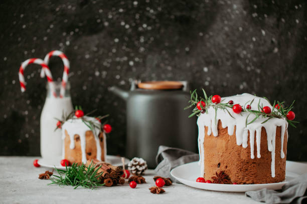 bolo tradicional do natal com cranberry, leite quente, cones de pinho, canela - bolo de natal - fotografias e filmes do acervo