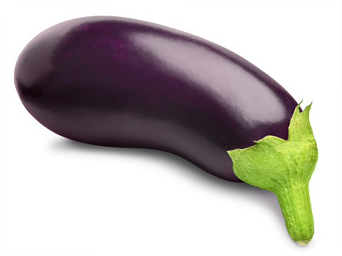 Eggplant isolated on white background (clipping path). Ripe organic fresh aubergine with natural green stalk in lying position