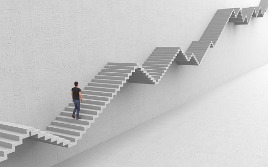 An ambitious man is walking up the stairs to his purpose rising up and down. Hard way to success on a career ladder. Conceptual creative illustration with copy space. 3D rendering.