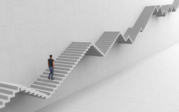 an ambitious man is walking up the stairs to his purpose rising up and down. hard way to success on a career ladder. conceptual creative illustration with copy space. 3d rendering. - set goals imagens e fotografias de stock