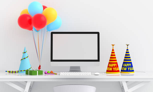 istock Computer display for mockup on table, Happy new year concept 1192523997