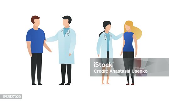 istock Trendy flat doctor and patient character vector flat illustration. Male and female medic saying news, comforts people isolated on white background. Coat uniform, blue cloth, stethoscope. 1192527020